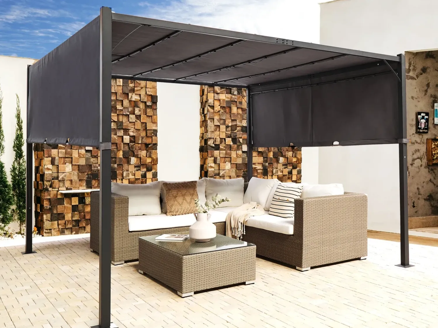 Online Beliani Gazebo LED PARGA Metallo 310 cm 310 cm Grigio scuro Grigio Nero