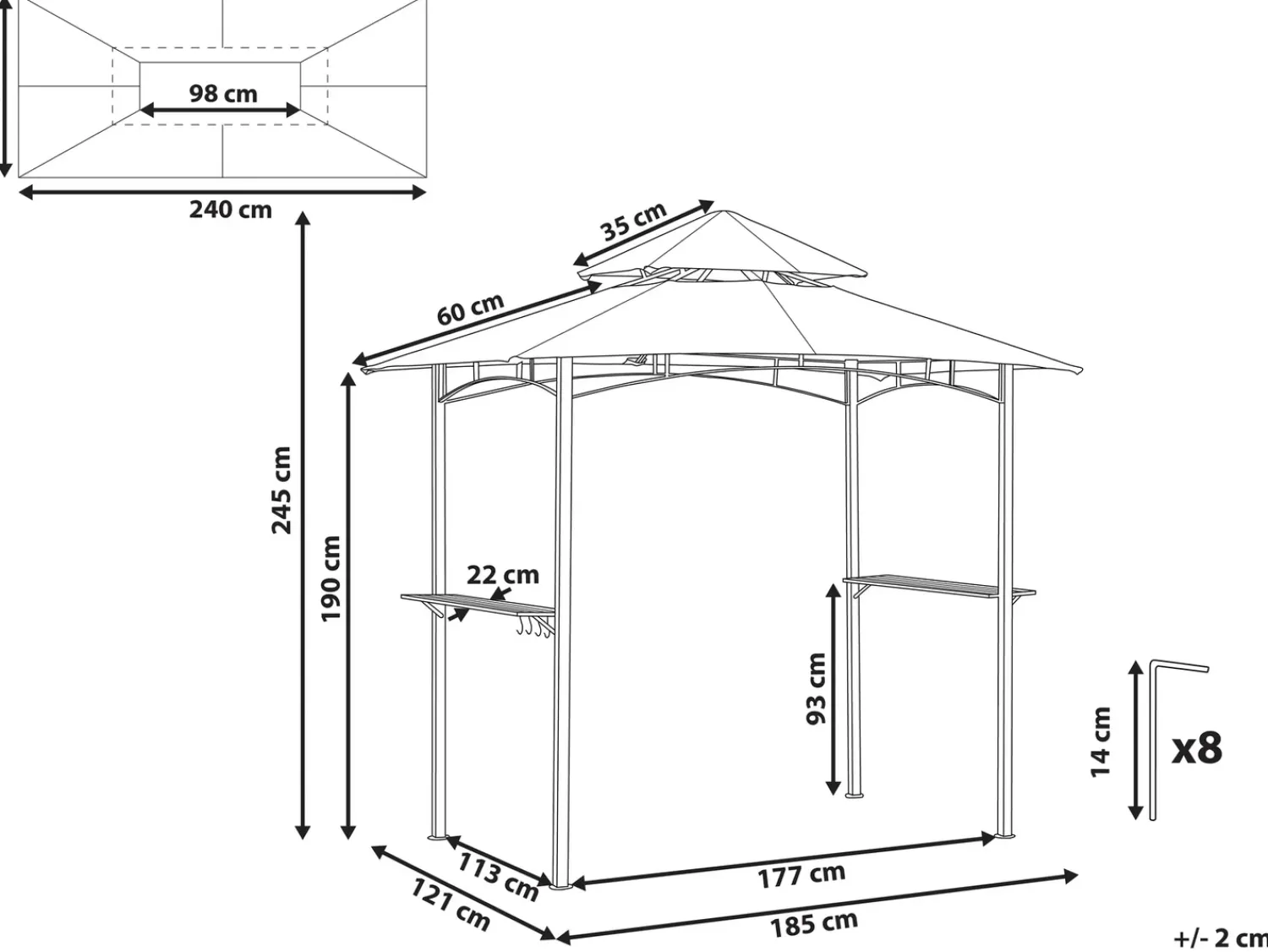New Beliani Gazebo NARO Metallo 240 cm 148 cm Grigio Grigio Nero