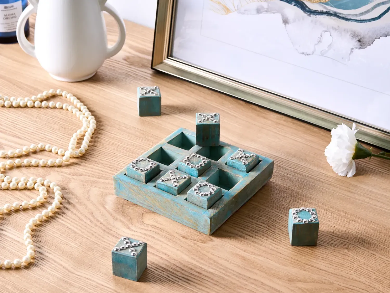 Hot Beliani Gioco del Tris KINA Legno di mango Blu Blu Argento Marrone
