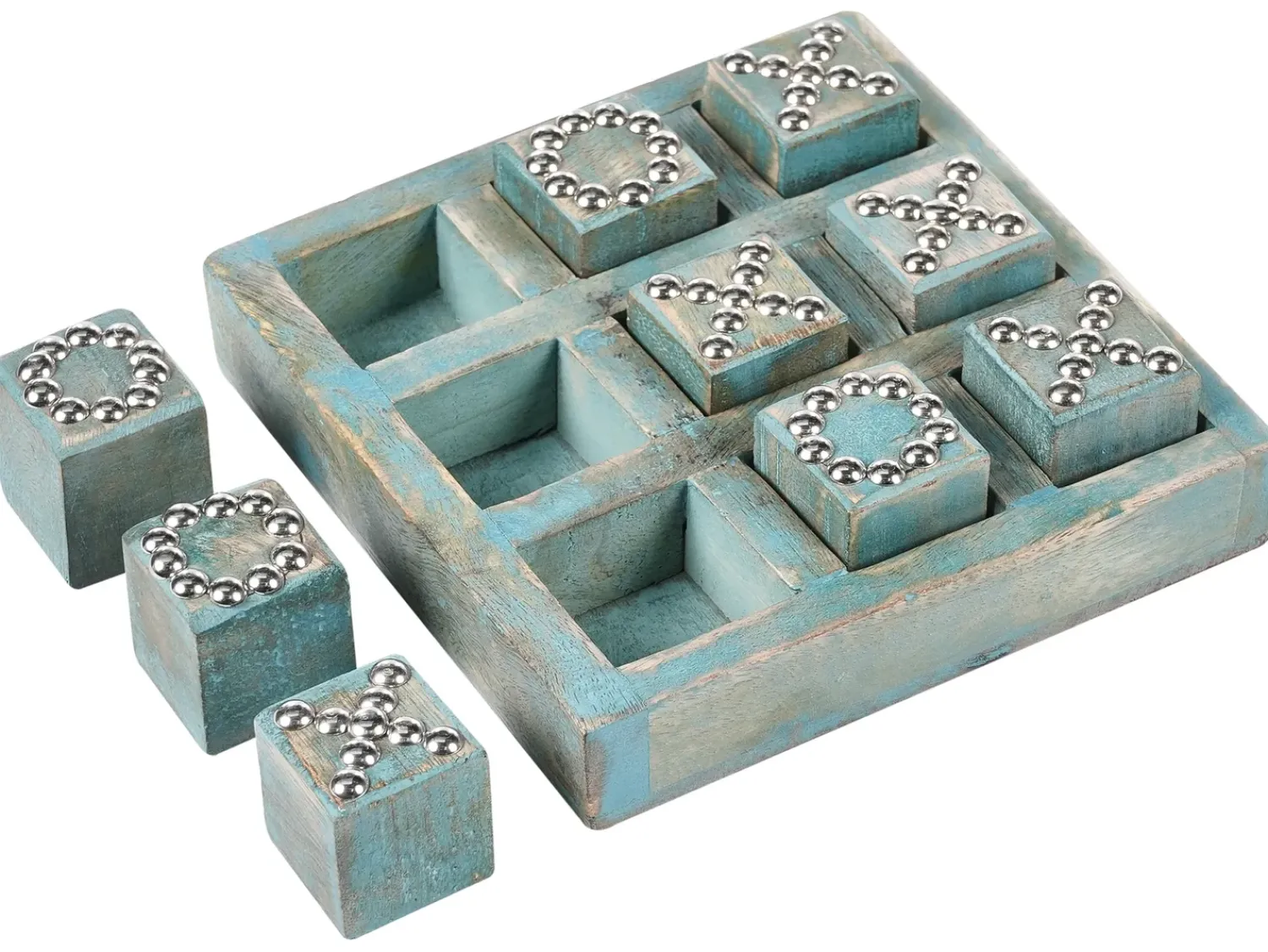 Hot Beliani Gioco del Tris KINA Legno di mango Blu Blu Argento Marrone