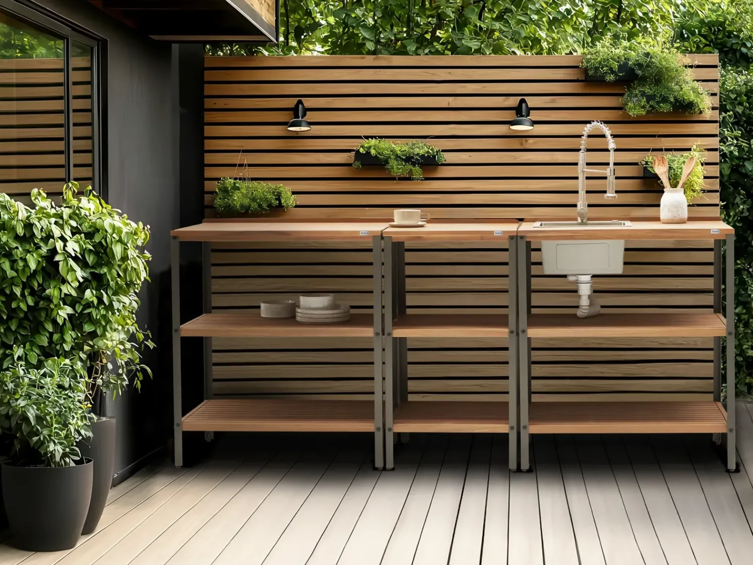 Beliani Isola per cucina esterna con lavello IVREA Legno di acacia certificato Marrone/Argento Marrone Argento Grigio