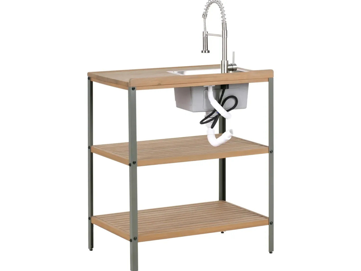 Beliani Isola per cucina esterna con lavello IVREA Legno di acacia certificato Marrone/Argento Marrone Argento Grigio