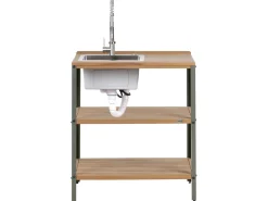 Beliani Isola per cucina esterna con lavello IVREA Legno di acacia certificato Marrone/Argento Marrone Argento Grigio