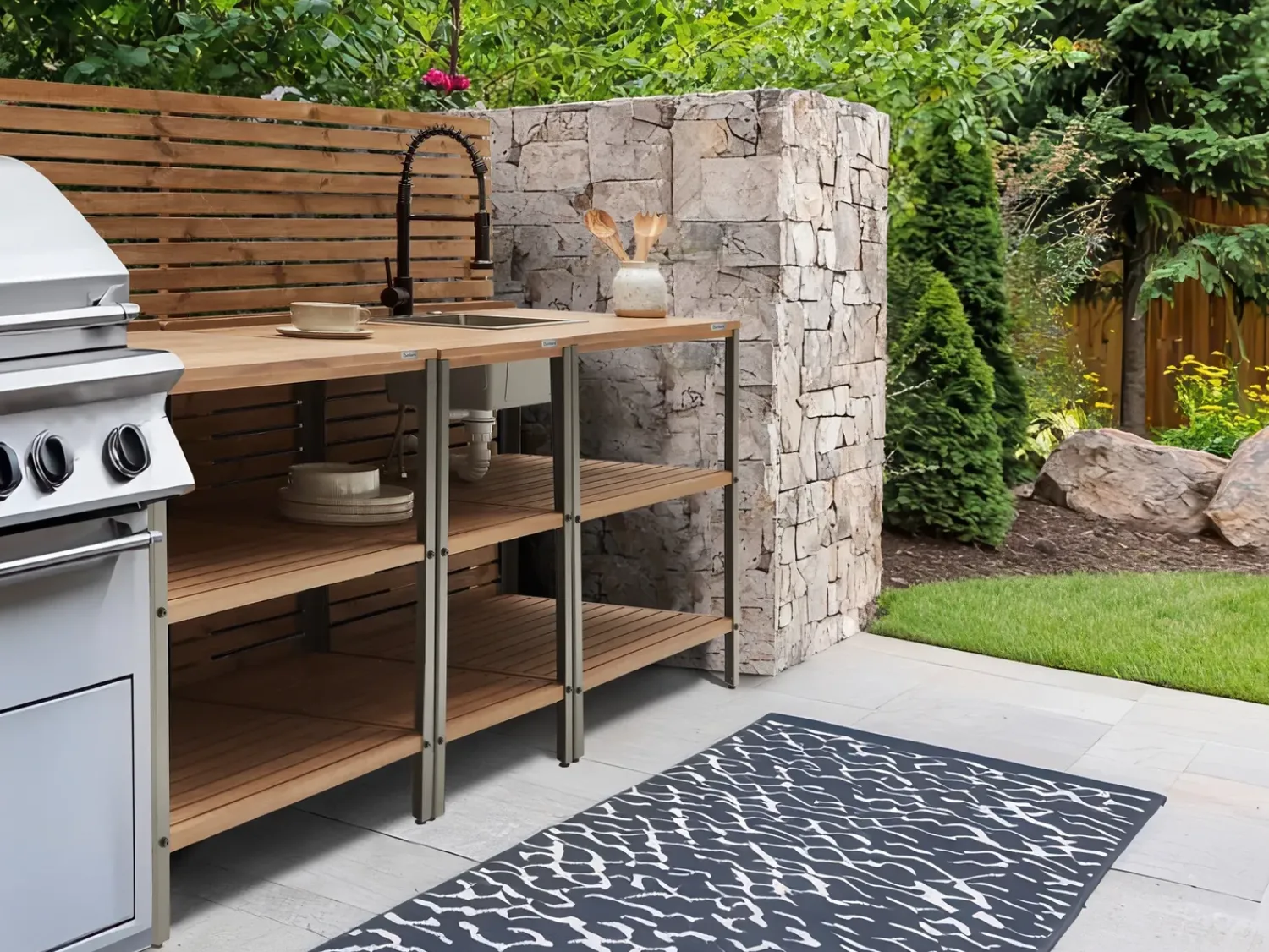 New Beliani Isola per cucina esterna con lavello IVREA Legno di acacia certificato Marrone/Nero Marrone Grigio Nero