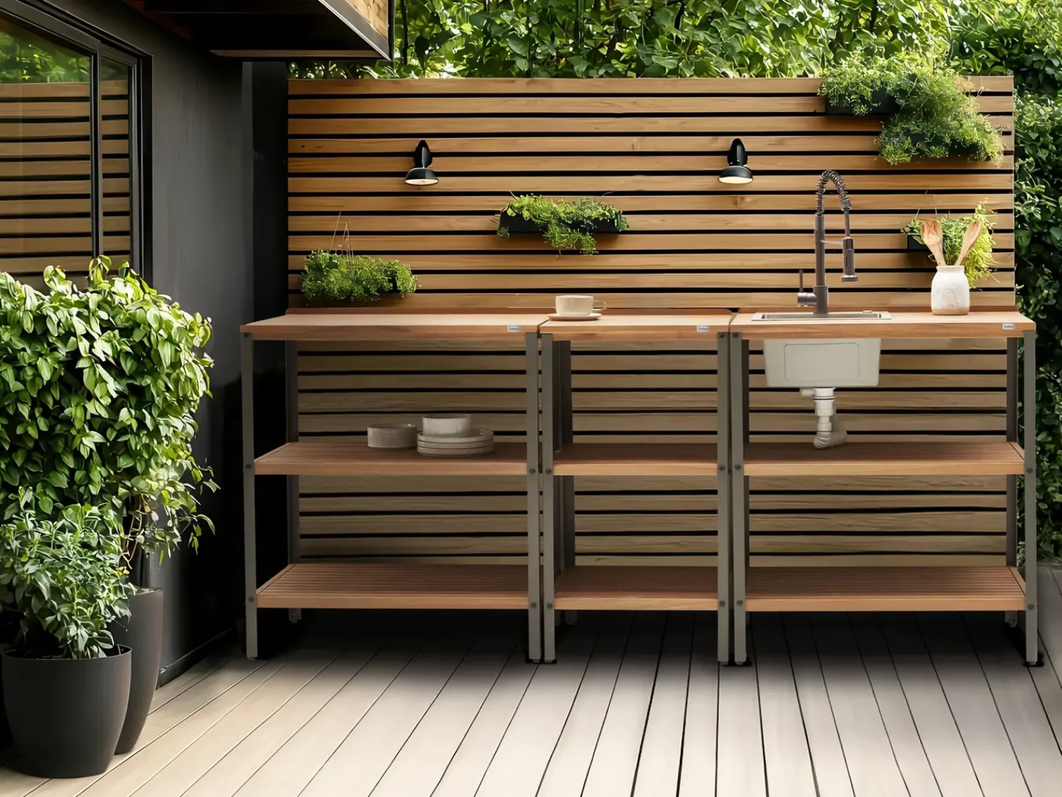 New Beliani Isola per cucina esterna con lavello IVREA Legno di acacia certificato Marrone/Nero Marrone Grigio Nero