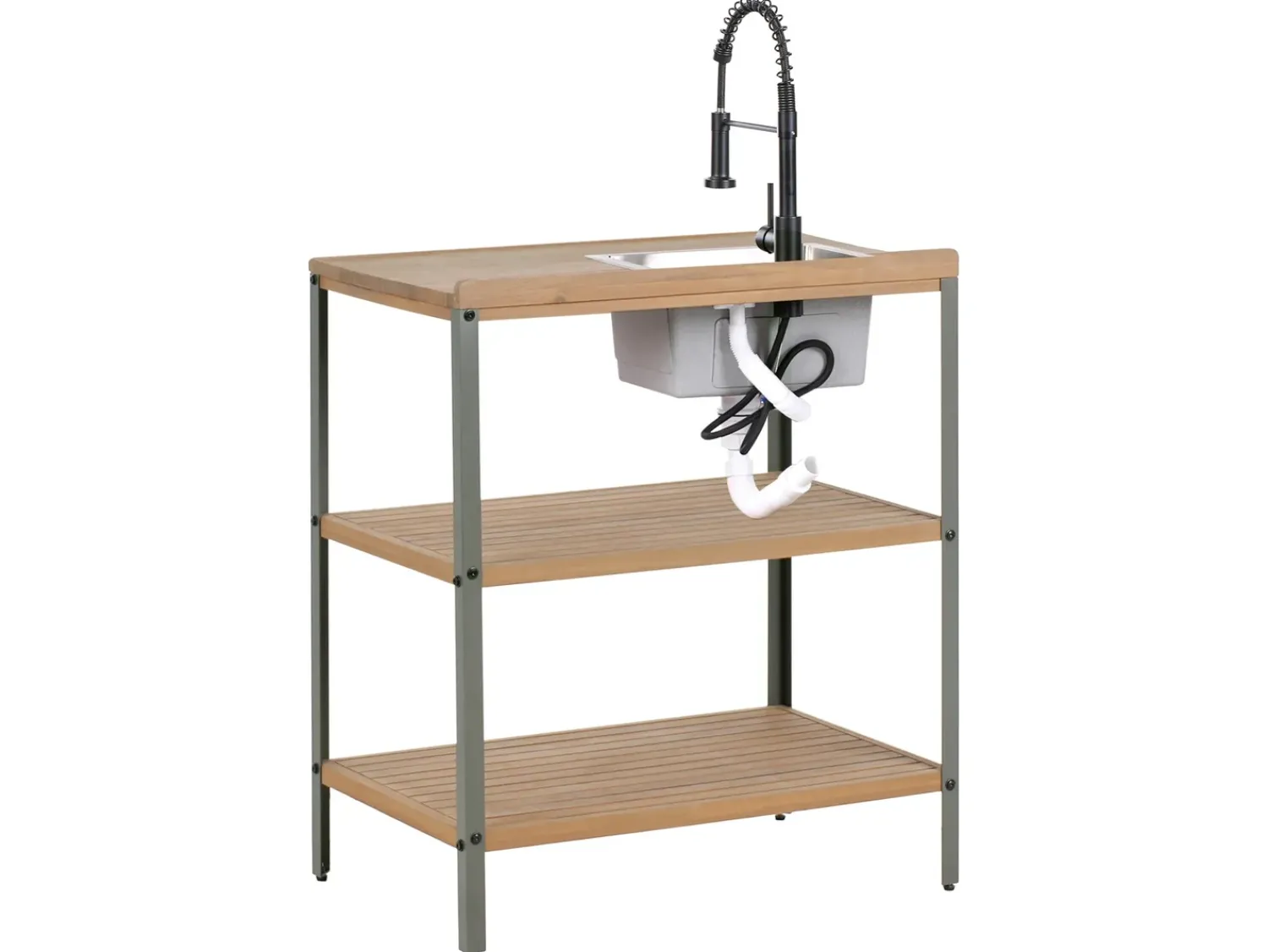 New Beliani Isola per cucina esterna con lavello IVREA Legno di acacia certificato Marrone/Nero Marrone Grigio Nero