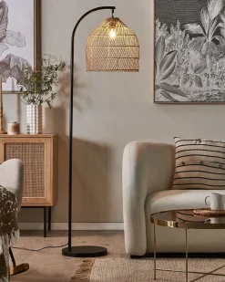 New Beliani Lampada da pavimento BERNICA Rattan Naturale Marrone Nero