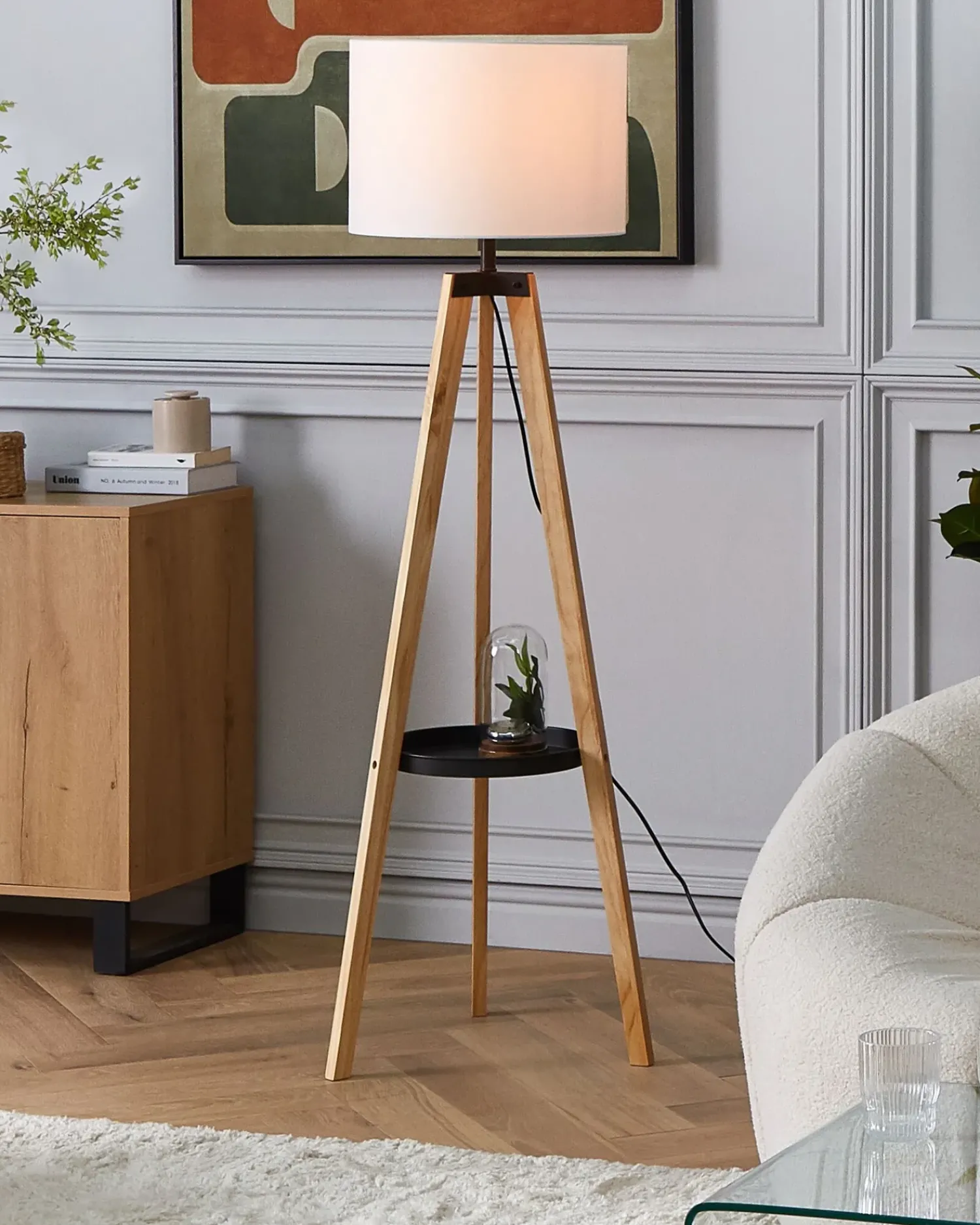 New Beliani Lampada da pavimento BLUFF Legno di pino Bianco Bianco Marrone Nero