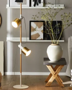 Online Beliani Lampada da pavimento OWENS Regolabile Legno di frassino Bianco Bianco Marrone Oro