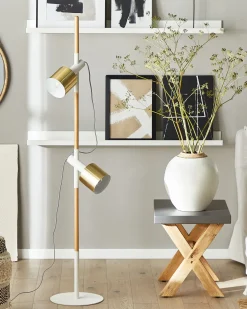Online Beliani Lampada da pavimento OWENS Regolabile Legno di frassino Bianco Bianco Marrone Oro