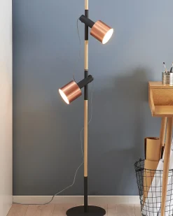 Clearance Beliani Lampada da pavimento OWENS Regolabile Legno di quercia Nero Nero Rame