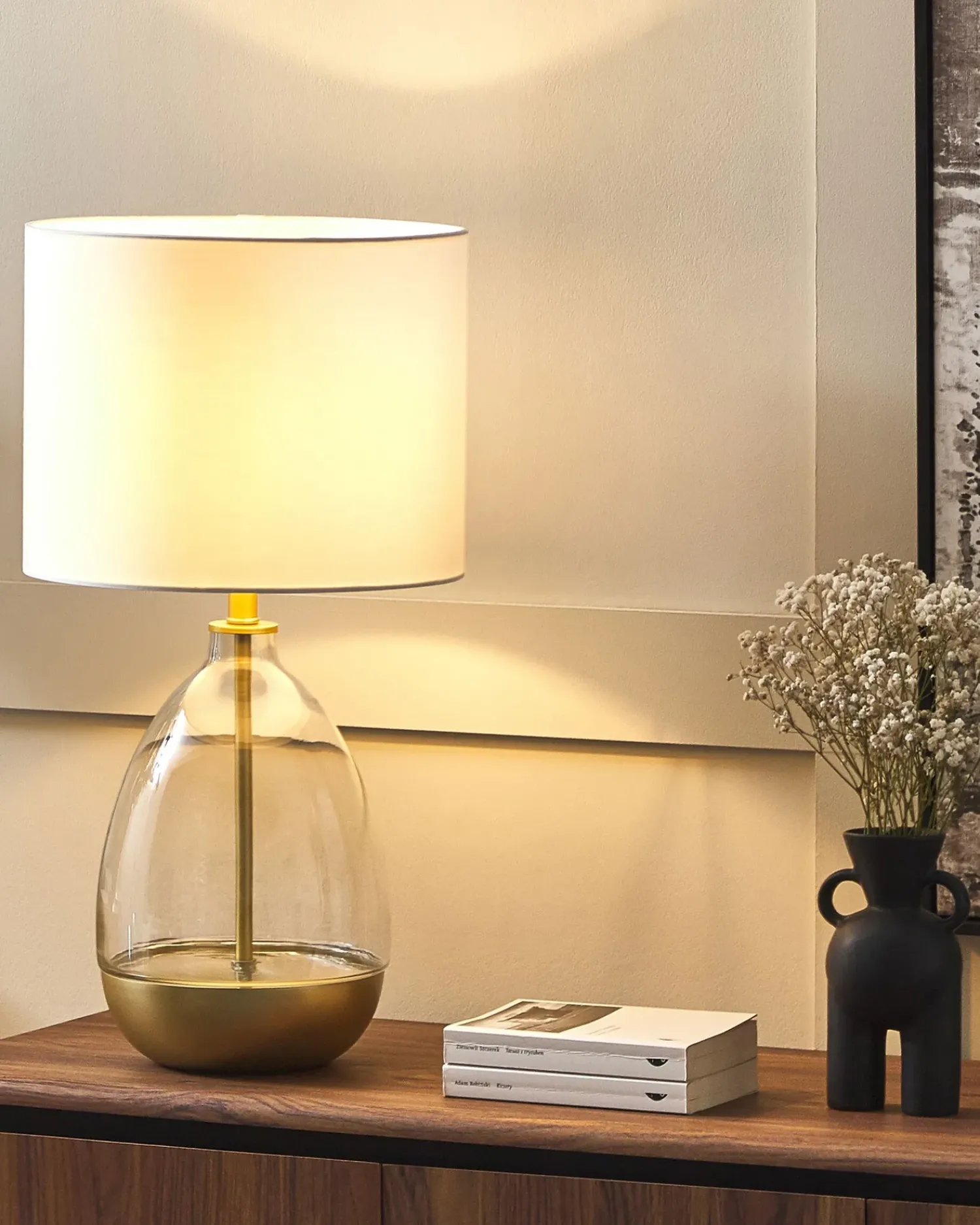 Outlet Beliani Lampada da tavolo OKARI Vetro Bianco Bianco Oro Trasparente