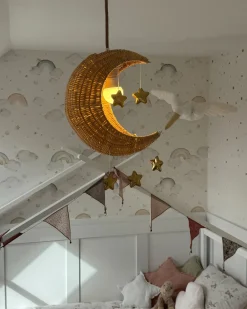 Discount Beliani Lampadario Luna ORCHON Rattan Naturale Bianco Naturale Oro