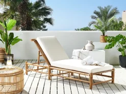 Outlet Beliani Lettino Prendisole con Cuscino LIGURE Bambù Marrone Bianco Marrone