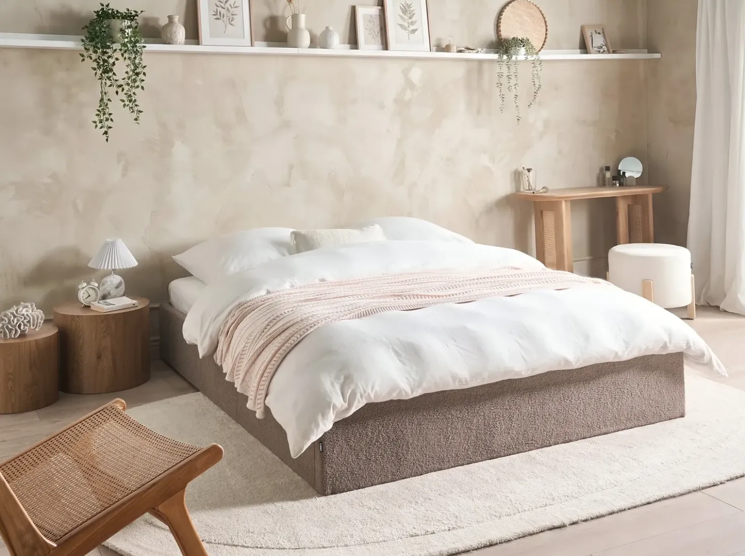 Letto con ottomano senza testata Bouclé DINAN 160 x 200 cm Tortora