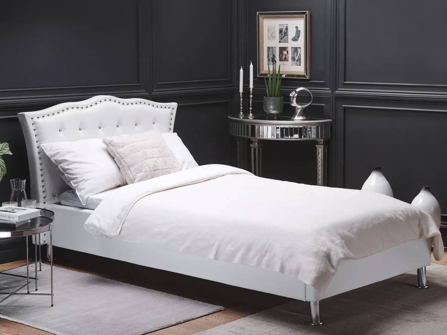 Beliani Letto contenitore Pelle sintetica METZ 90 x 200 cm Bianco Bianco Argento