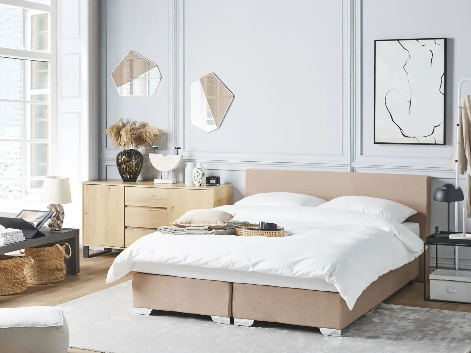 Discount Beliani Letto Continentale Tessuto PRESIDENT 160 x 200 cm Beige Beige Argento