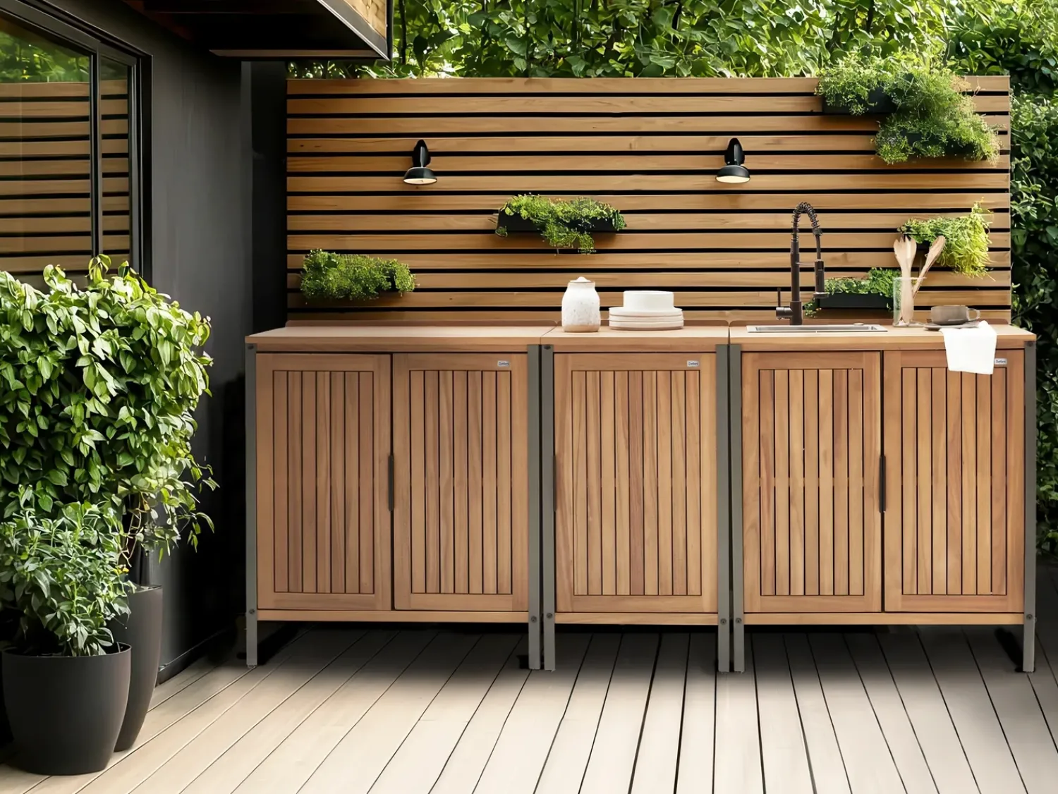 New Beliani Mobile da cucina per esterni con lavello IVREA Legno di acacia certificato Marrone/Nero Marrone Grigio Nero