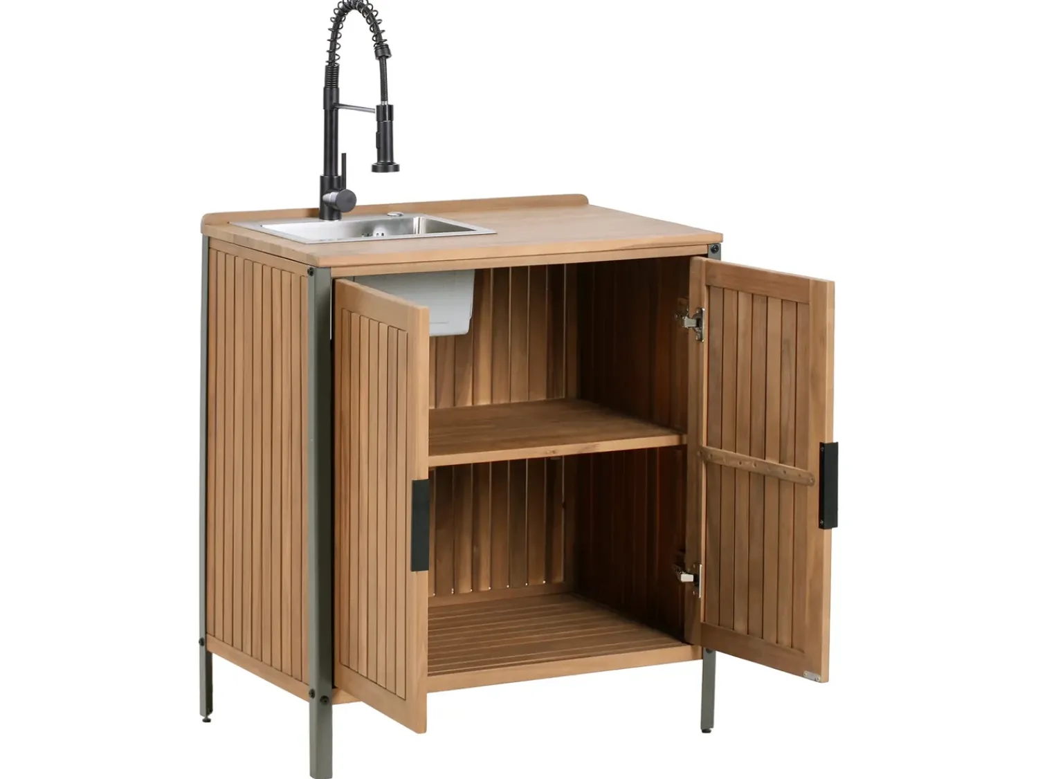 New Beliani Mobile da cucina per esterni con lavello IVREA Legno di acacia certificato Marrone/Nero Marrone Grigio Nero