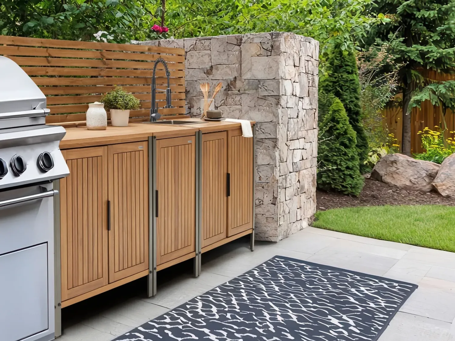 New Beliani Mobile da cucina per esterni con lavello IVREA Legno di acacia certificato Marrone/Nero Marrone Grigio Nero