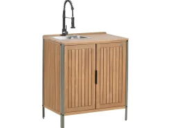 New Beliani Mobile da cucina per esterni con lavello IVREA Legno di acacia certificato Marrone/Nero Marrone Grigio Nero