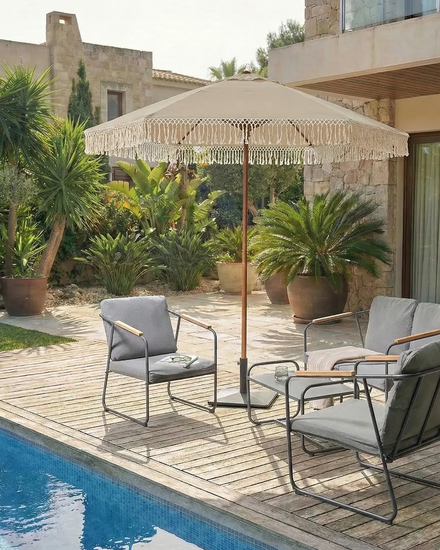 Beliani Ombrellone da esterno 258 cm MURASA Beige Beige Marrone