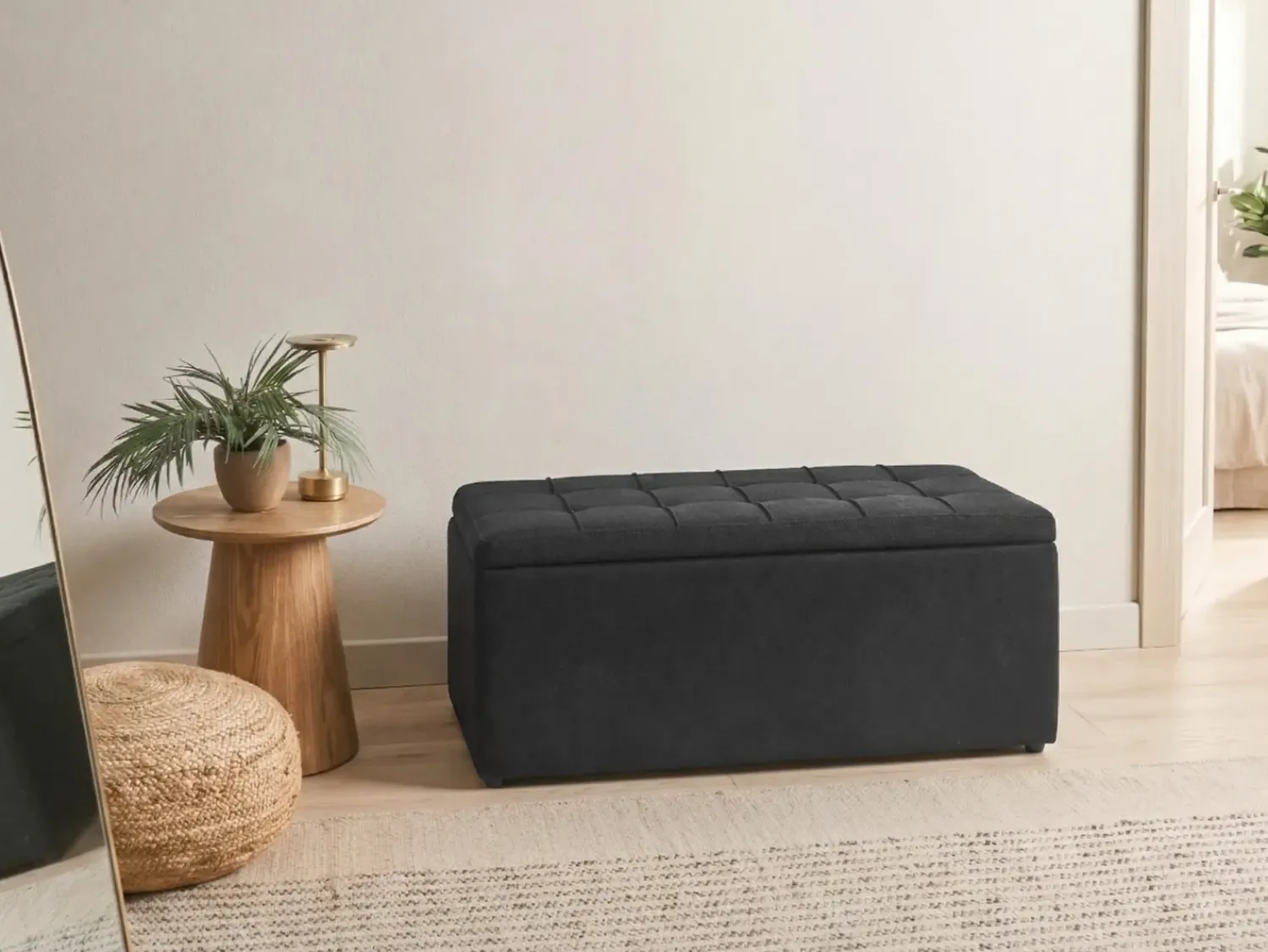 New Beliani Ottomano contenitore OREM Tessuto 100 cm 40 cm Nero