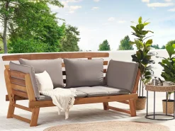 Hot Beliani Panca da giardino con cuscino PORTICI 210 cm Legno d'eucalipto chiaro/Tortora Marrone