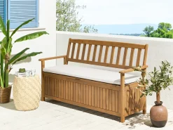 New Beliani Panca da giardino con cuscino SOVANA 160 cm Legno d'acacia Bianco sporco Bianco Marrone