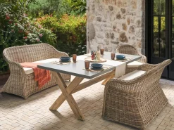 Beliani Panca da giardino con cuscino SUSUA Rattan Naturale Bianco Naturale