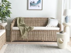 Beliani Panca da giardino con cuscino SUSUA Rattan Naturale Bianco Naturale