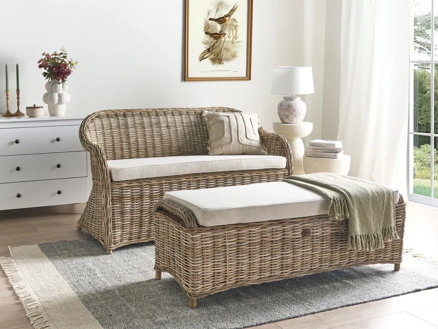 Online Beliani Panca da giardino con cuscino SUSUA con ottomana Rattan Naturale Bianco Naturale