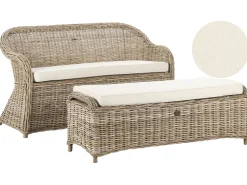 Discount Beliani Panca da giardino con cuscino SUSUA con ottomana Rattan Naturale Bianco Naturale