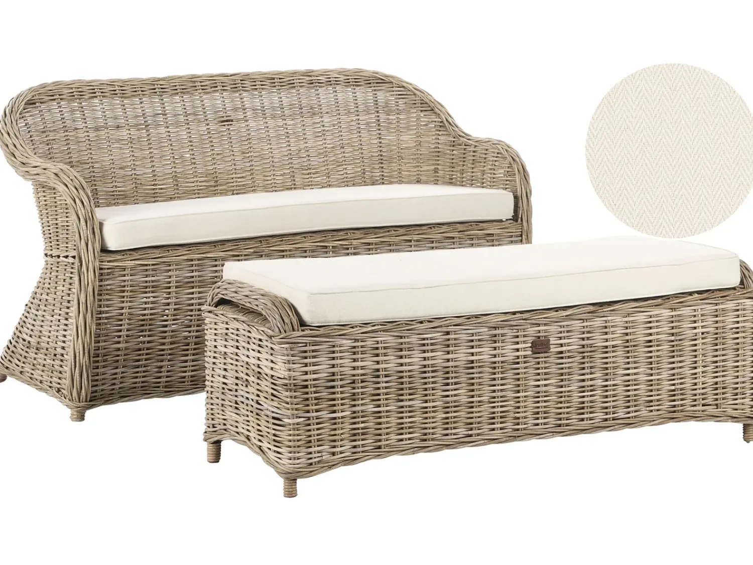Discount Beliani Panca da giardino con cuscino SUSUA con ottomana Rattan Naturale Bianco Naturale