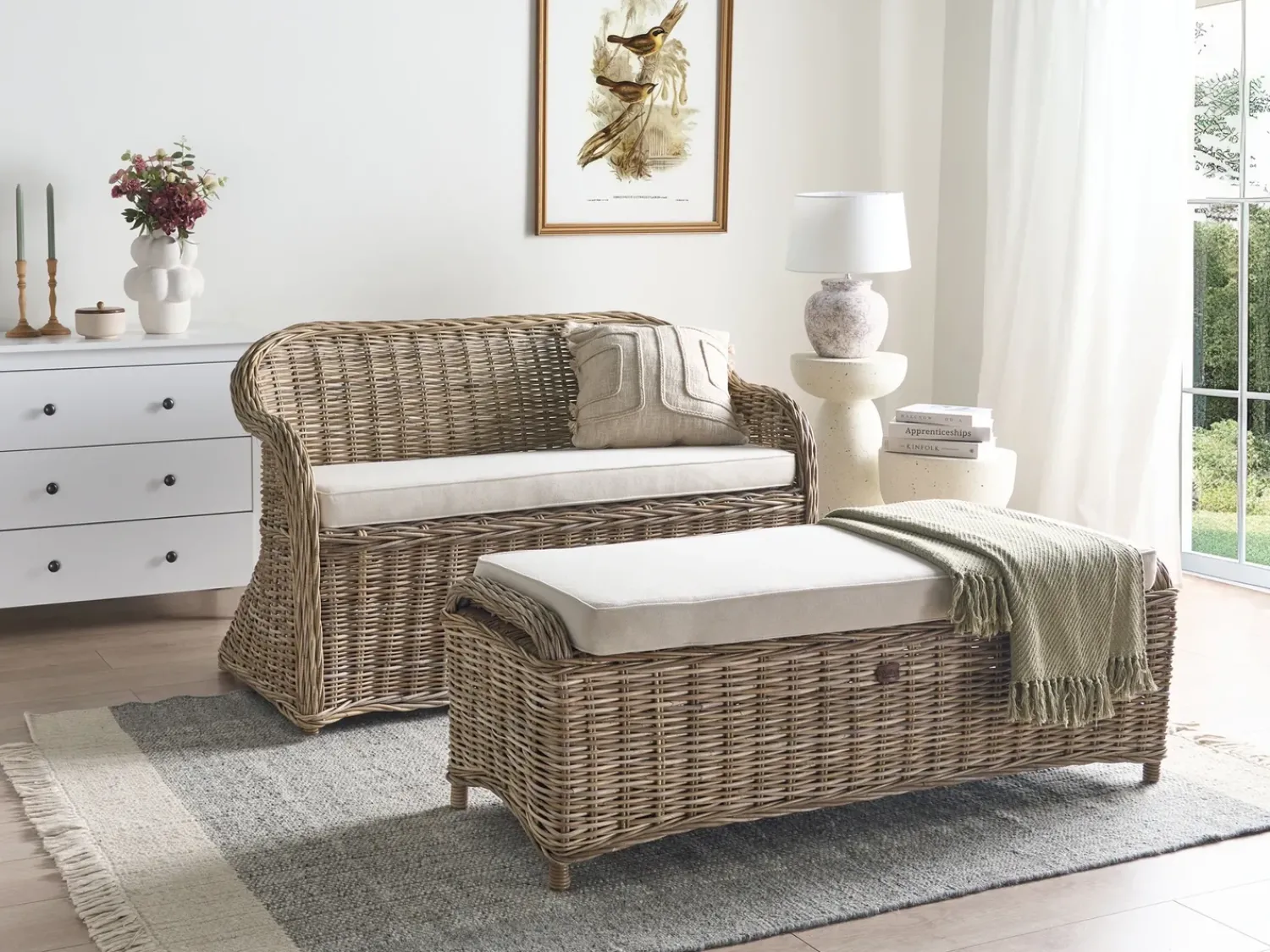 Discount Beliani Panca da giardino con cuscino SUSUA con ottomana Rattan Naturale Bianco Naturale
