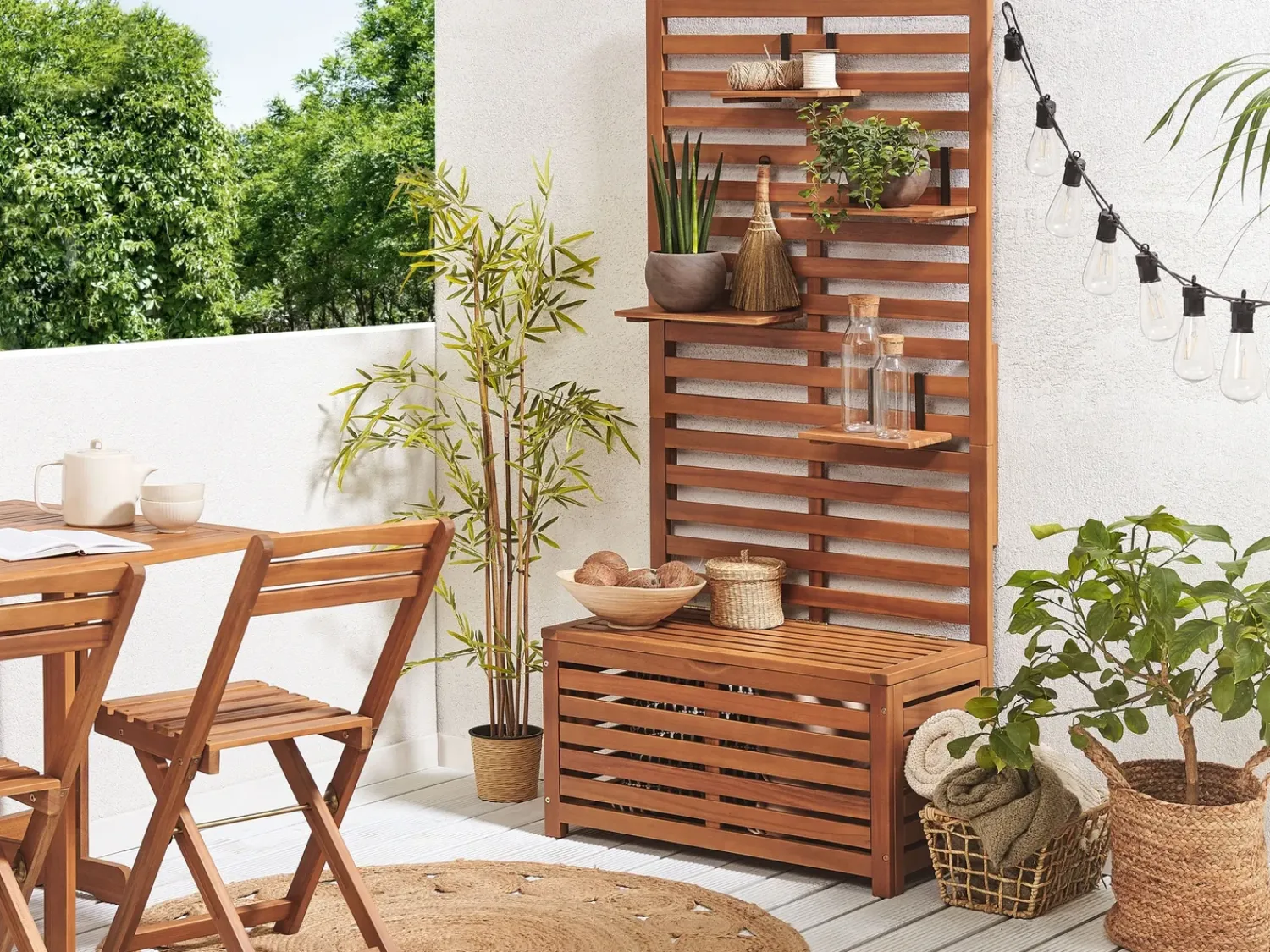Outlet Beliani Panca da giardino con pannello a muro MATINO Legno d'acacia 80 cm 40 cm Marrone