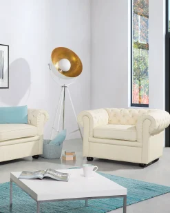 Outlet Beliani CHESTERFIELD Pelle naturale Beige chiaro Beige Marrone