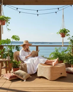 Online Beliani Poltrona da giardino con ottomana AIGANI Rattan Naturale Beige Naturale