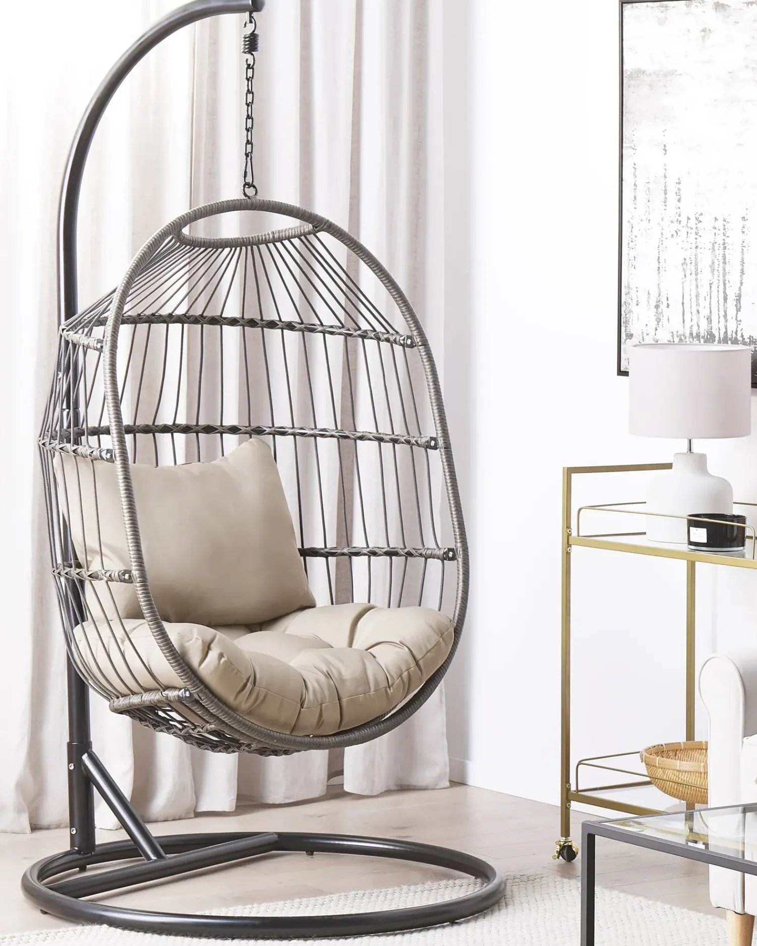New Beliani Poltrona sospesa con supporto da pavimento ALBA Rattan sintetico (PE) Nero Grigio Nero