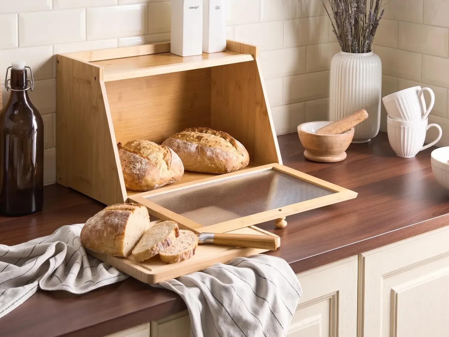 Discount Beliani Portapane FARINE Bambù Marrone chiaro Trasparente Marrone