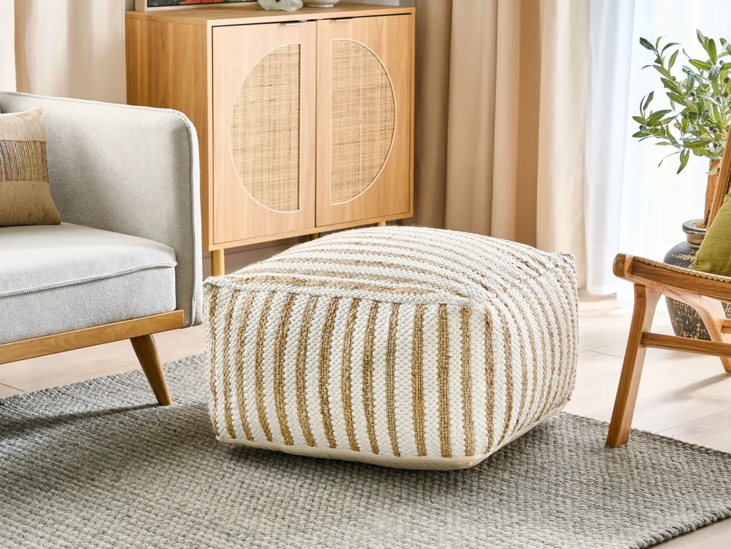 Beliani Pouf ALMATTI Tessuto Beige Bianco Beige