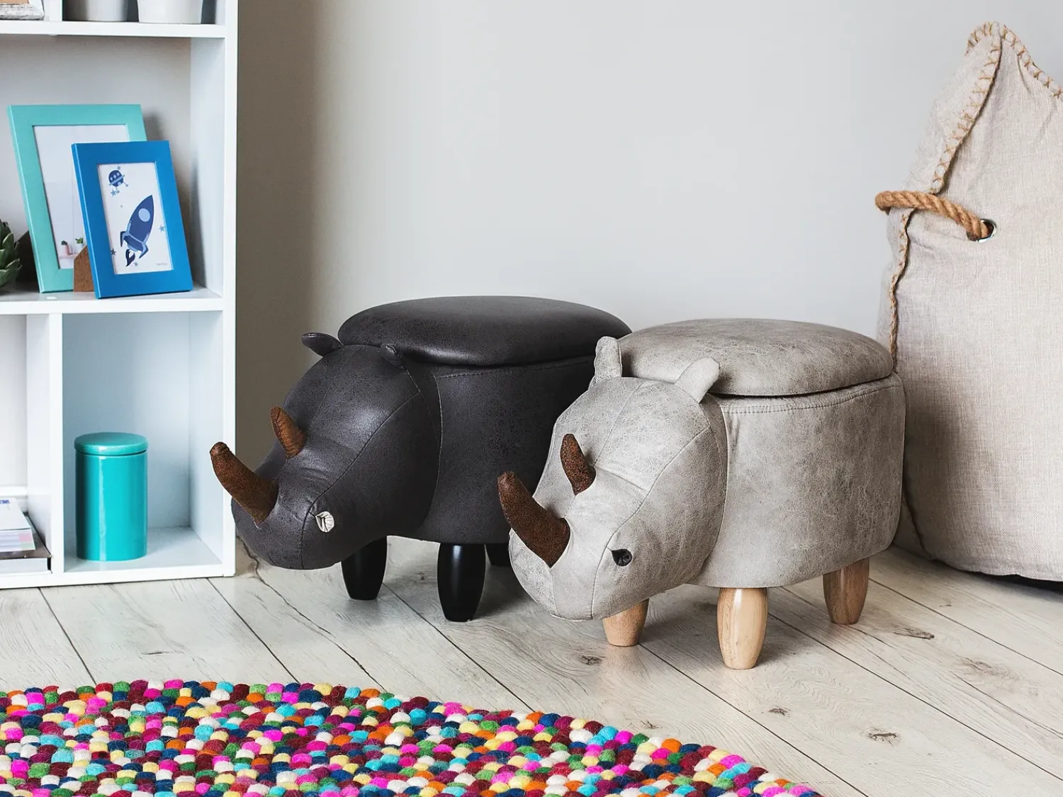 Outlet Beliani Pouf animaletto contenitore RHINO Pelle sintetica Grigio chiaro Rinocerone Marrone Grigio