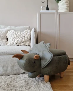 Hot Beliani Pouf animaletto contenitore TRICERATOPS Tessuto Verde scuro Dinosauro Marrone Verde