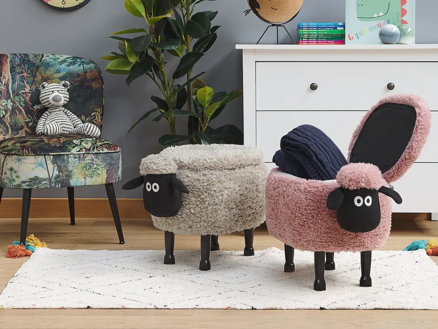 Sale Beliani Pouf animaletto contenitore SHEEP Tessuto Rosa Pecora Rosa Nero