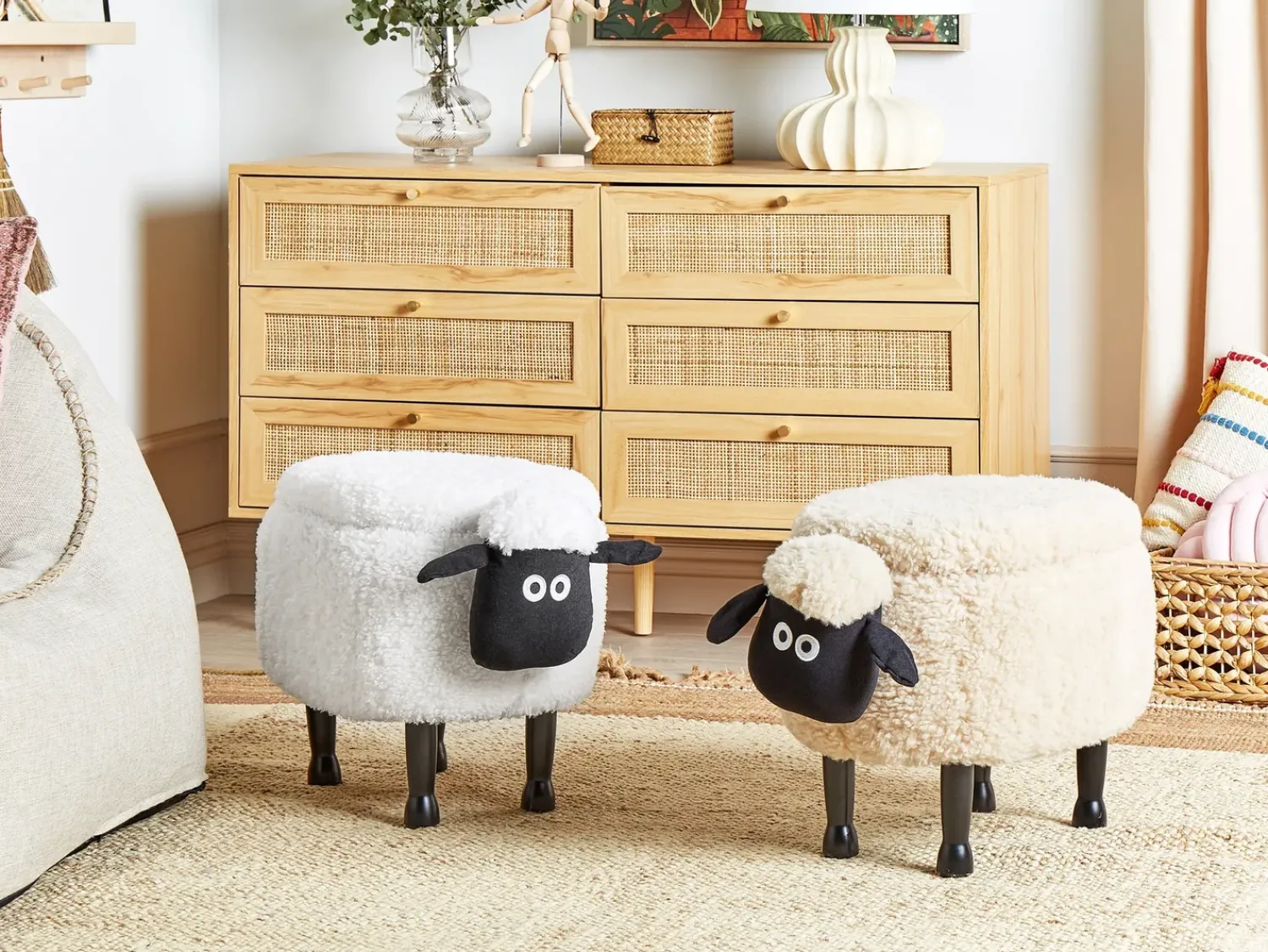 Outlet Beliani Pouf animaletto contenitore SHEEP Tessuto Bianco Pecora Bianco Marrone Nero