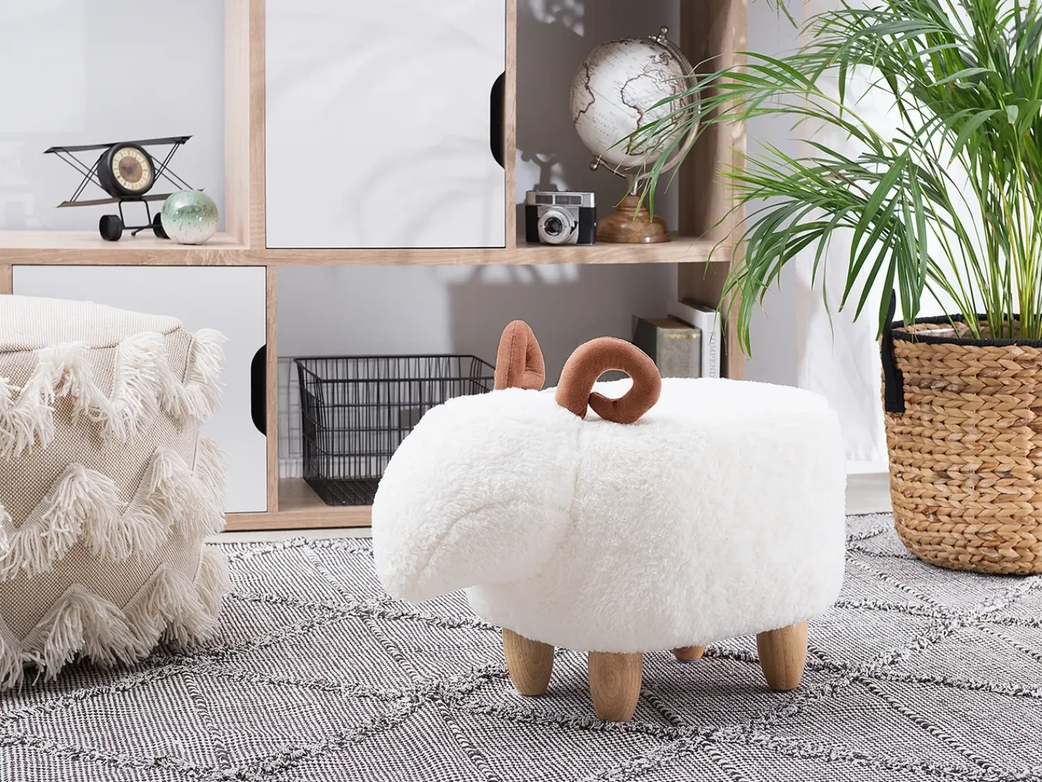 Clearance Beliani Pouf animaletto LAMB Tessuto Bianco Agnello Bianco Marrone
