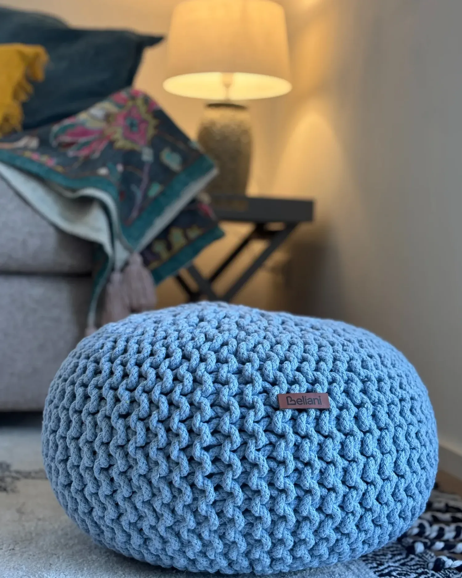 New Beliani Pouf CONRAD Cotone Azzurro Blu