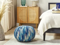 Hot Beliani Pouf CONRAD Cotone Blu Bianco Blu