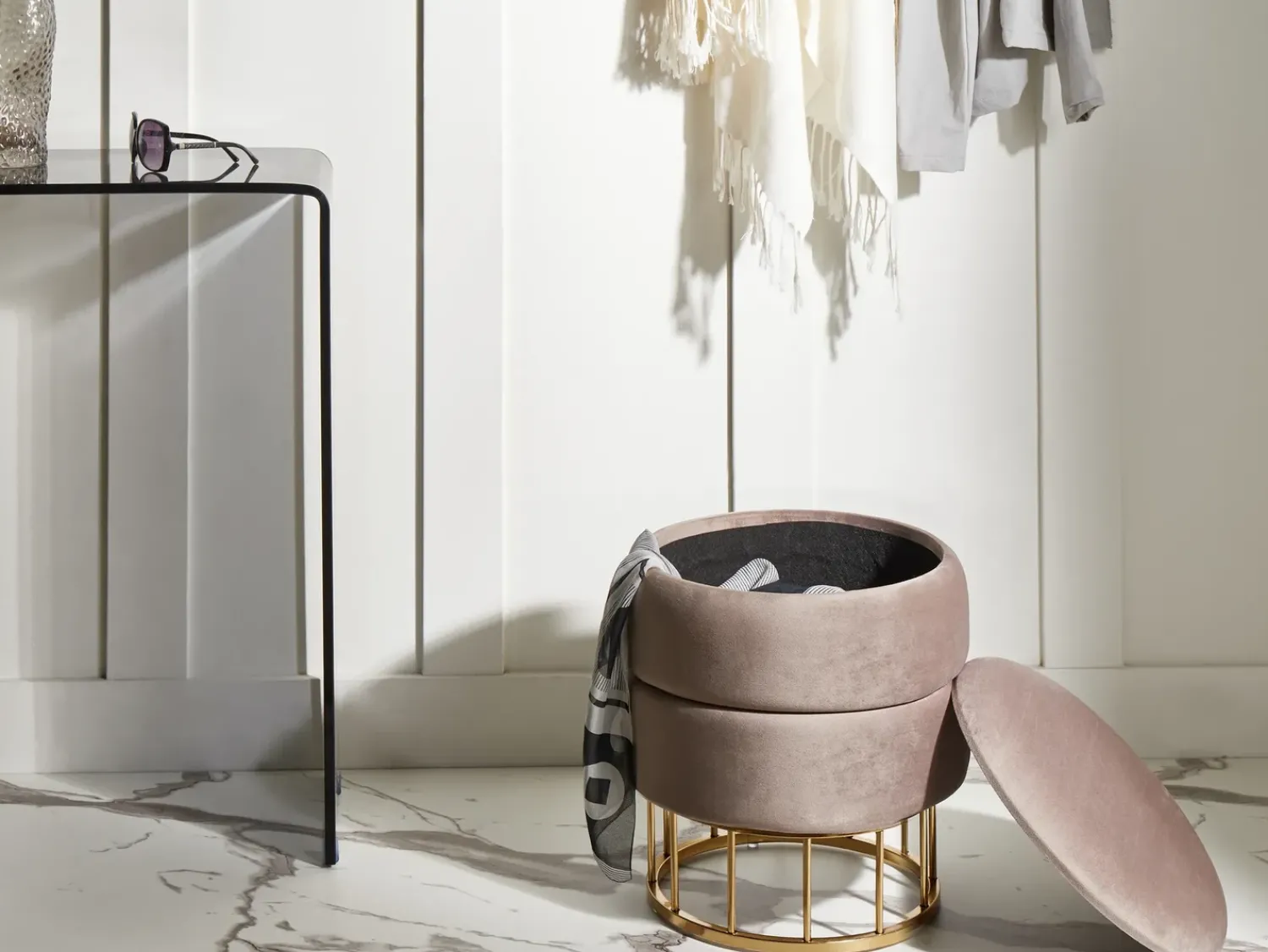 Discount Beliani Pouf contenitore ELGIN Velluto Tortora Beige Oro
