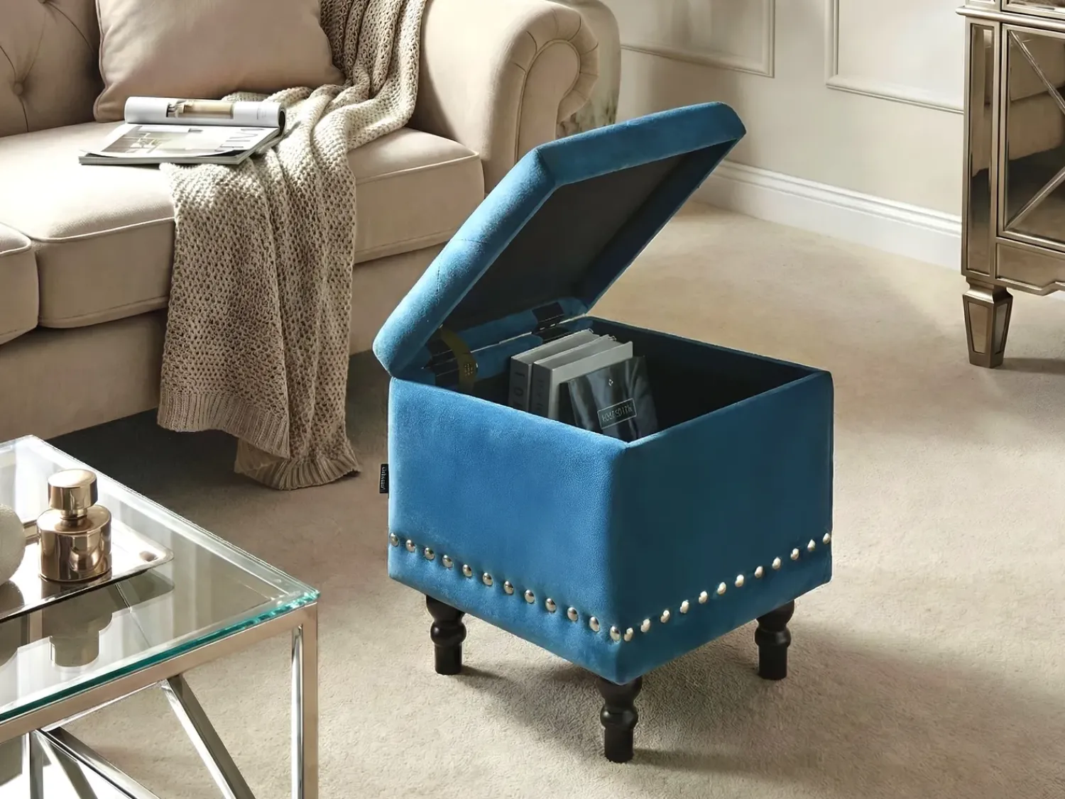 New Beliani Pouf contenitore LORETTO Velluto scuro Blu